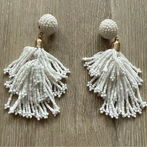 White Beaded Tassel Statement Earrings